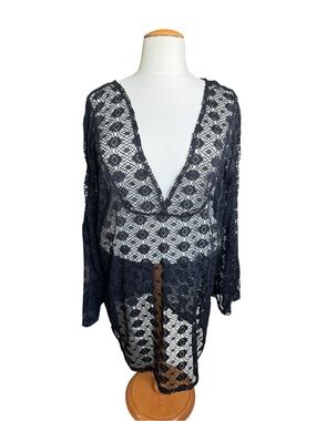 J Valdi Black Crochet Lace Tunic Cover Up 3X Boho Beach Resort Sheer P56